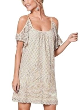 VENUS Lace Overlay Beige Women's Shift Cold Shoulder Dress L
